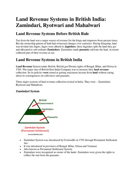 Bhs Land Revenue System In British India Land Revenue Systems In