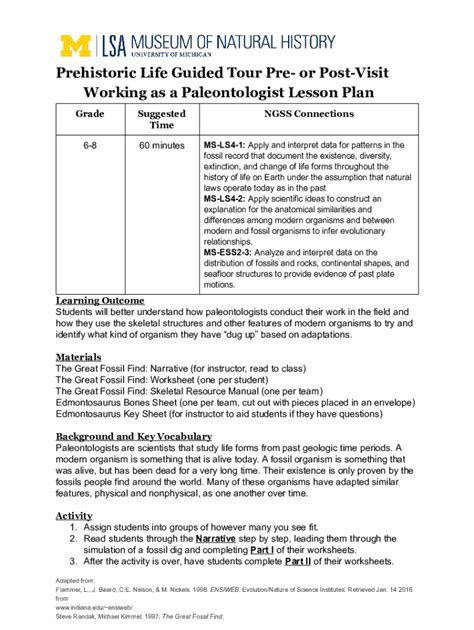 Fillable Online Lsa Umich Prehistoric Life Guided Tour Pre Or Postvisit