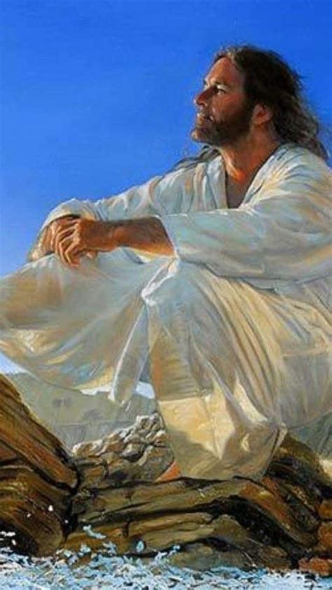 A Painting Of Jesus Sitting On Rocks In The Water