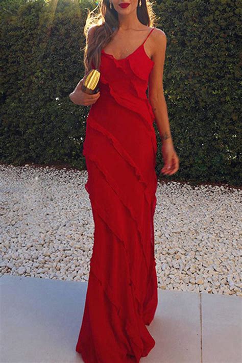 Sexy Celebrities Solid Flounce Slit V Neck Sling Dress Dresses Sunnylula