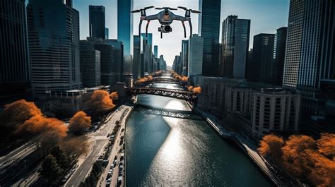 Premium AI Image | A drone flies over a city with a city in the background.