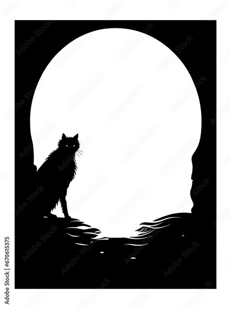 Frame Black and white silhouette of a cat sitting in front of a full moon, cat silhouette, cat ...