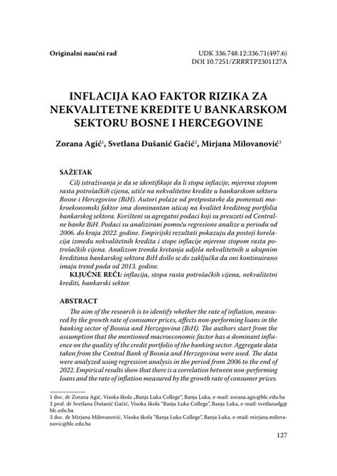 Pdf Inflacija Kao Faktor Rizika Za Nekvalitetne Kredite U Bankarskom