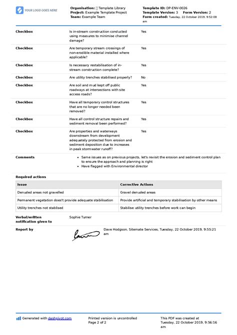 Erosion And Sediment Control Inspection Checklist Report Template