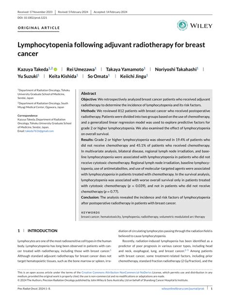 PDF Lymphocytopenia Following Adjuvant Radiotherapy For Breast Cancer