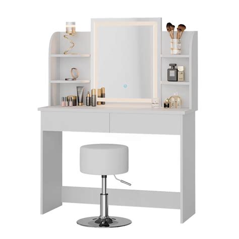 Coiffeuse Charlotte Blanc Avec Tabouret Et Miroir Led