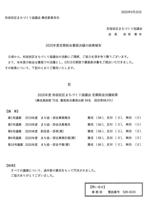 2020年度定期総会書面決議の結果報告 和坂校区まちづくり協議会