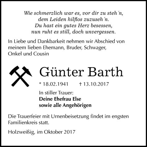 Traueranzeigen Von G Nter Barth Abschied Nehmen De