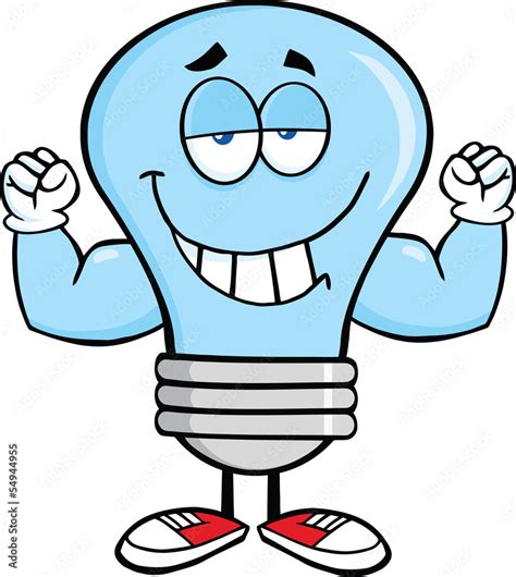 Smiling Blue Light Bulb Cartoon Character With Muscle Arms Stock Vector | Adobe Stock