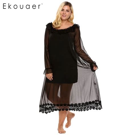 Ekouaer Women Sleepwear Ruffles Long Sleeve Lace Loose Maxi Nightgown