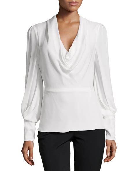 Carolina Herrera Silk Long Sleeve Cowl Neck Blouse In White Lyst