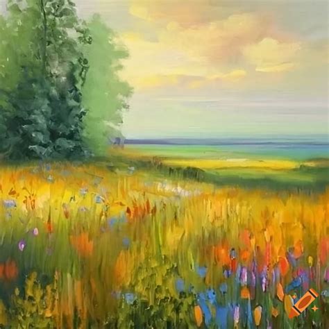 Wildflowers Meadow Landscape Oil Painting On Craiyon