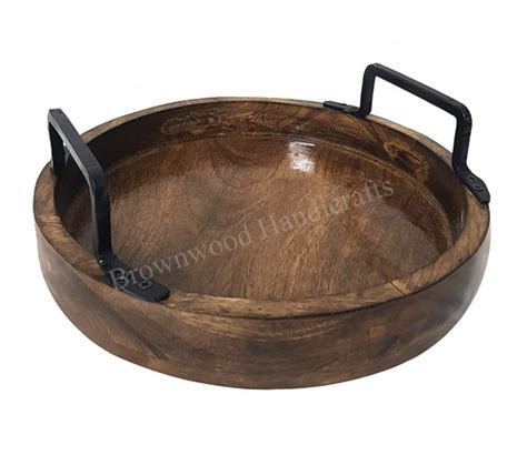 Mango Wood Round Serving Tray With Metal Handles Size 10 X 10 X 2 Inch At Best Price In