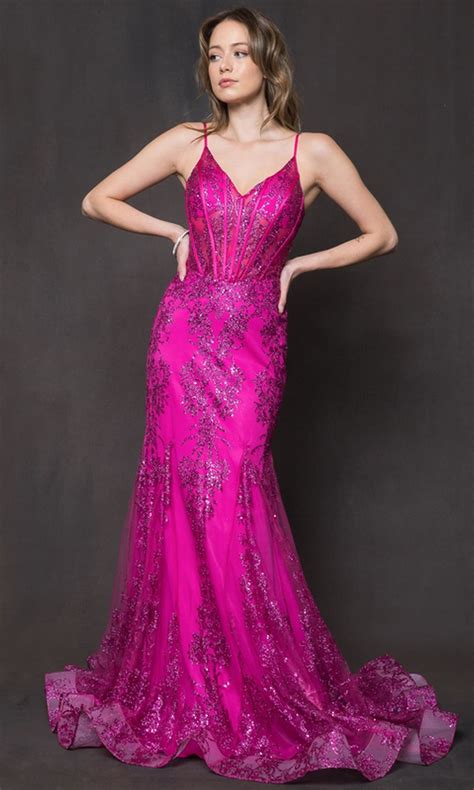 Glitter Print Sheer Corset Long Prom Dress Promgirl