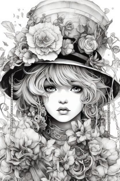 Premium Ai Image A Black And White Drawing Of A Woman With Flowers On