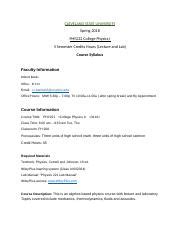 Csu Phy Syllabus Spring Docx Cleveland State University Spring