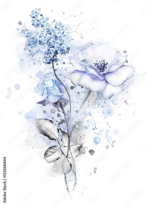 watercolor flowers. floral illustration, flower in Pastel colors, blue rose. branch of flowers ...