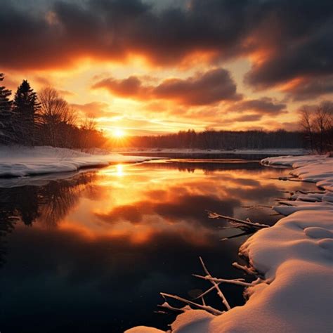 Premium Photo | A winter sunset over a tranquil lake