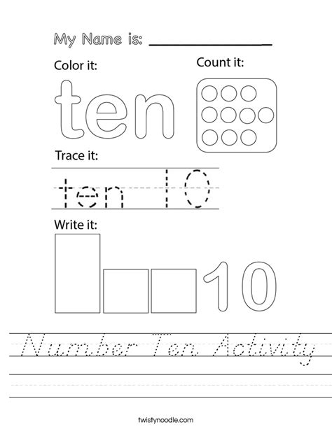 Number Ten Activity Worksheet Dnealian Twisty Noodle