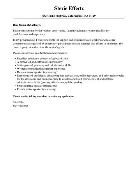 Tourism Cover Letter Velvet Jobs