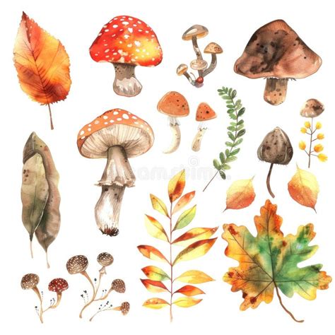 Watercolor Autumn Leaves And Mushrooms Nature Inspired Botanical