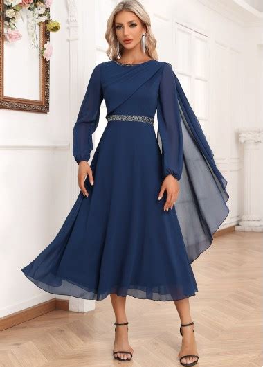 ROTITA Asymmetry Navy Boat Neck Long Sleeve Dress Rotita USD 49 98