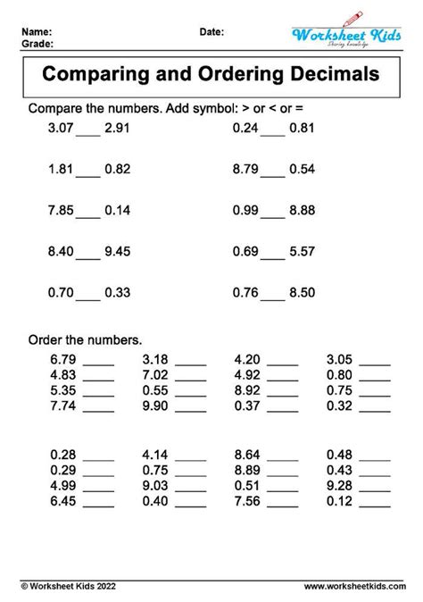 Comparing And Ordering Decimals Th Grade