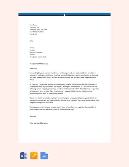 Free Sample Letter Of Intent To Continue Teaching Template Word