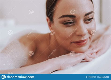 Delighted Nice Woman Taking A Bath At Home Stock Image Image Of