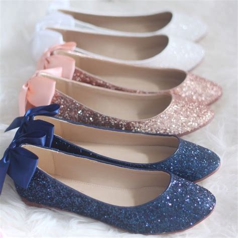 Navy Blue Rock Glitter Flats With Back Satin Bow Bridal Shoes