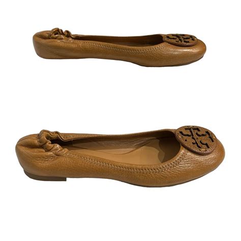 Tory Burch Reva Tumbled Leather Ballet Flats Shoes Royal Tan Tonal Logo