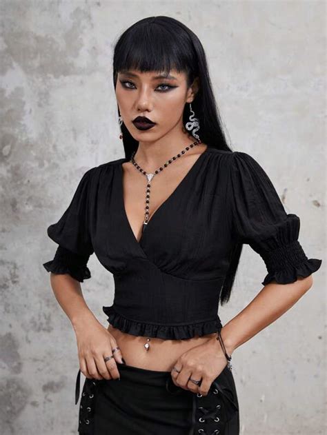 Goth Solid Puff Sleeve Crop Blouse Shein Usa