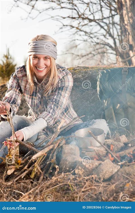 Hiking Woman With Backpack Cook By Campfire Royalty Free Stock Image