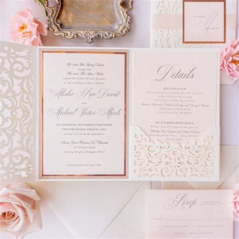 Wedding Invitation Pocket Delicate Ivory And Rose Gold Laser Cut