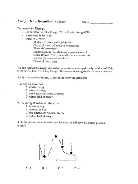 Energy Transformation Worksheet | PDF