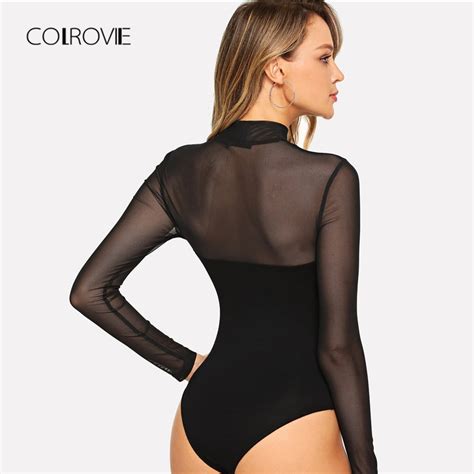 Solid Mock Neck Mesh Sheer Skinny Black Night Out Bodysuit Long Sleeve