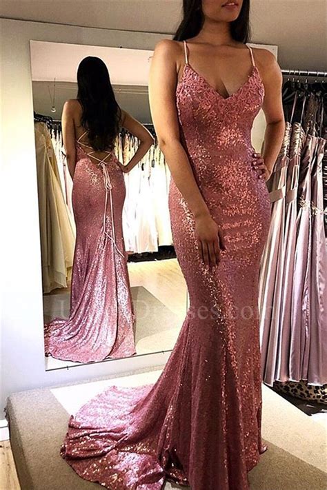 Sparkly Long Mermaid Pink Sequined Prom Evening Dress With Cross Straps