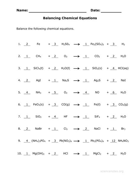 Balancing Chemical Equations Worksheet Balancing Chemical Reactions