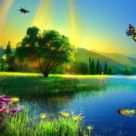 A Beautiful Lakeview Of A Meadow With Colorful Insects Stable