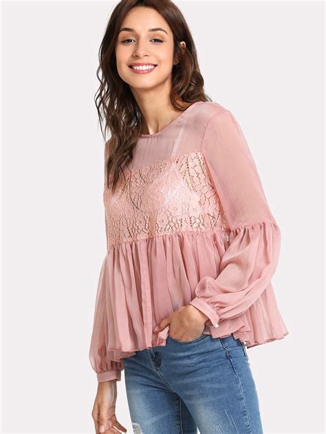 Shein Lace Panel Semi Sheer Smock Top Smock Top Boho Tops Tops Designs