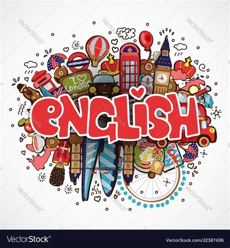 Word ENGLISH on white background with england elements and objects ...