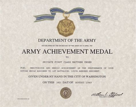 An Army Achievement Medal Certificate Is Shown