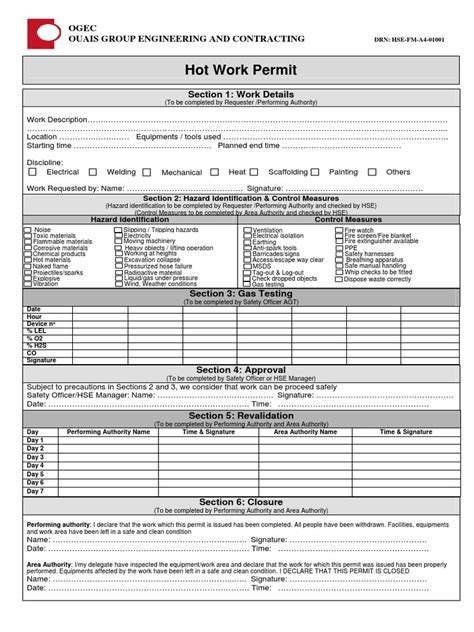 Hse Fm A4 01001 Ogec Hot Work Permit Form Pdf