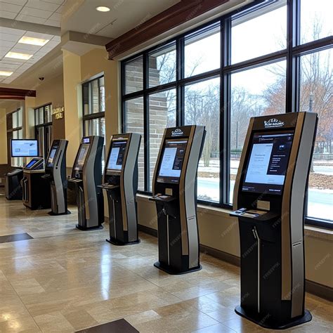 Snapshot of a bank branch with selfservice kiosks and digital displays
