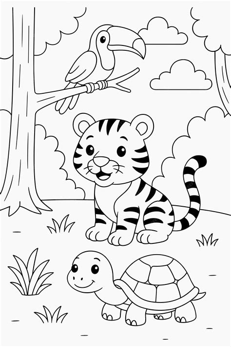 Cute animals in jungle toucan tiger cub and turtle coloring page