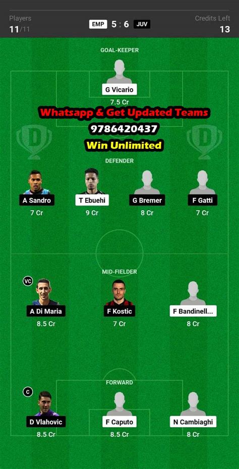 EMP Vs JUV Dream11 Team Fantasy Prediction Serie A