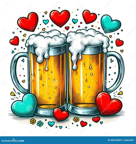 Two Glasses Of Beer With Foam And Hearts Vector Illustration In Sketch