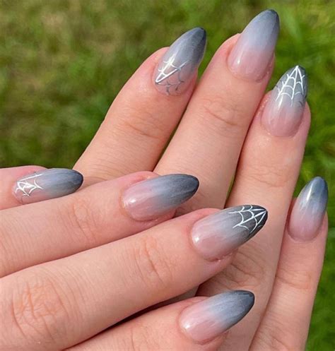 Spooky Spider Web Nails Grey Ombre Nails With White Spider Web Tips