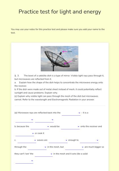 Practice Test For Light And Energy Interactive E Worksheet Quickworksheets