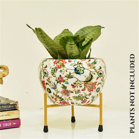 Meadow Floral Indoor Metal Planter With Metal Stand | Home & Garden ...